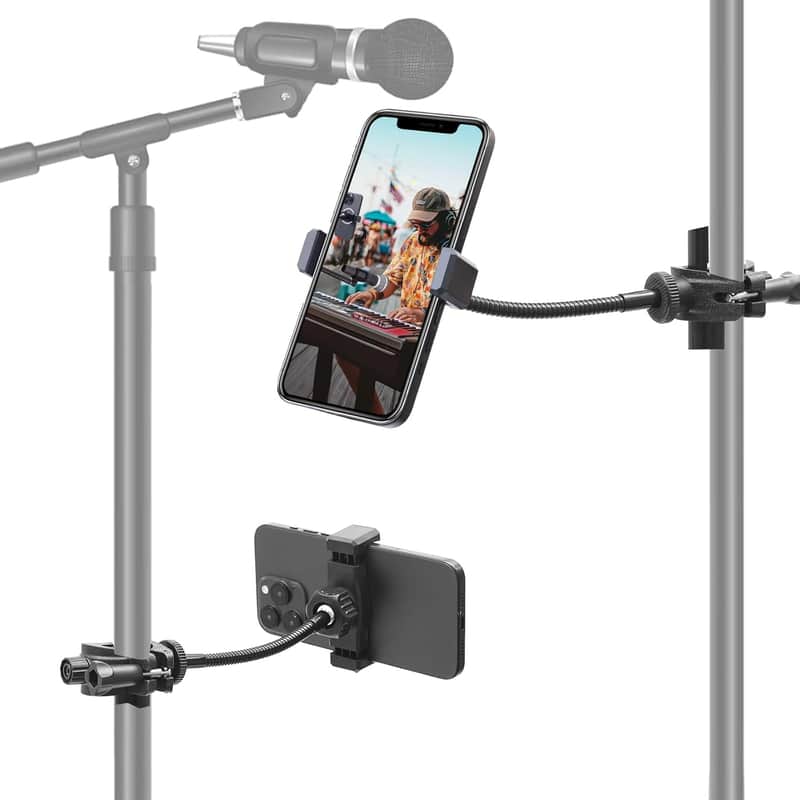 Mic Stand Phone Holder, [Stable Metal Gooseneck] Phone Holder for Mic Stand, Drum Stand, Sheet Music Stand Compatible with all 4.2" to 7" Cell Phones, iPhone 15, Galaxy S/Note/A, Pixel image 1