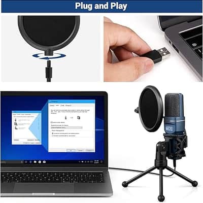 USB Microphone, Computer Cardioid Condenser PC Gaming Mic with Tripod Stand & Pop Filter for Streaming, Podcasting, Vocal Recording, Compatible with Laptop Desktop Windows Computer image 2