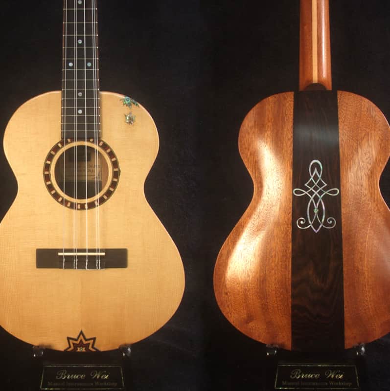 Handmade 6 String Baritone Ukulele Solid Spruce, Mahogany ArchBack, Slotted Head, Celtic Inlay, Soft-bag, Bruce Wei UAG19-2021 image 1