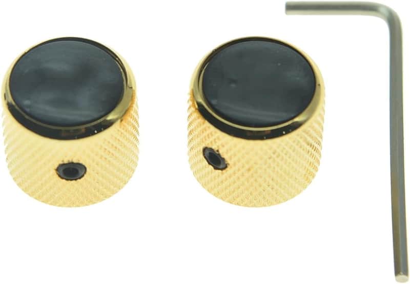 Set of 2 Black Pearl Top Guitar Dome Knobs with Set Screw for Tele Guitars Black Pearl Cap Bass Gold Knobs image 1