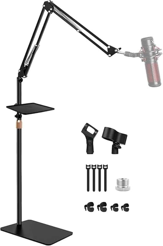 Microphone Stand with Weighted Base, Mic Floor Stand Boom Arm with Mic Accessory Tray, Microphone Clip Holder, 3/8" to 5/8" Screw Adapter, Cable Ties image 1