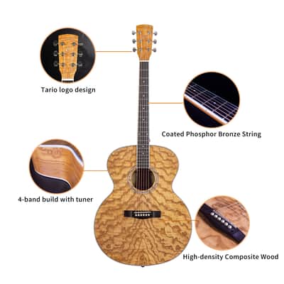 TARIO 41'' Antique Jumbo Body Acoustic Guitar Curly Ash body Okoume Neck Natural image 4