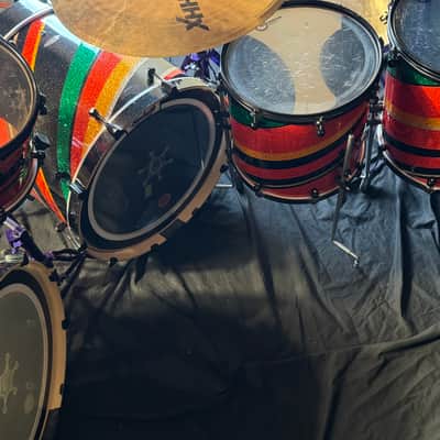 Rikki Rockett's Poison, Rockett Drum Works 2011 Tour Set. Maple/Carbon Fiber 18x22 (x2) 14.5x16, 12.5x14, 9.5x12. MultiColor Stripe Wrap image 17