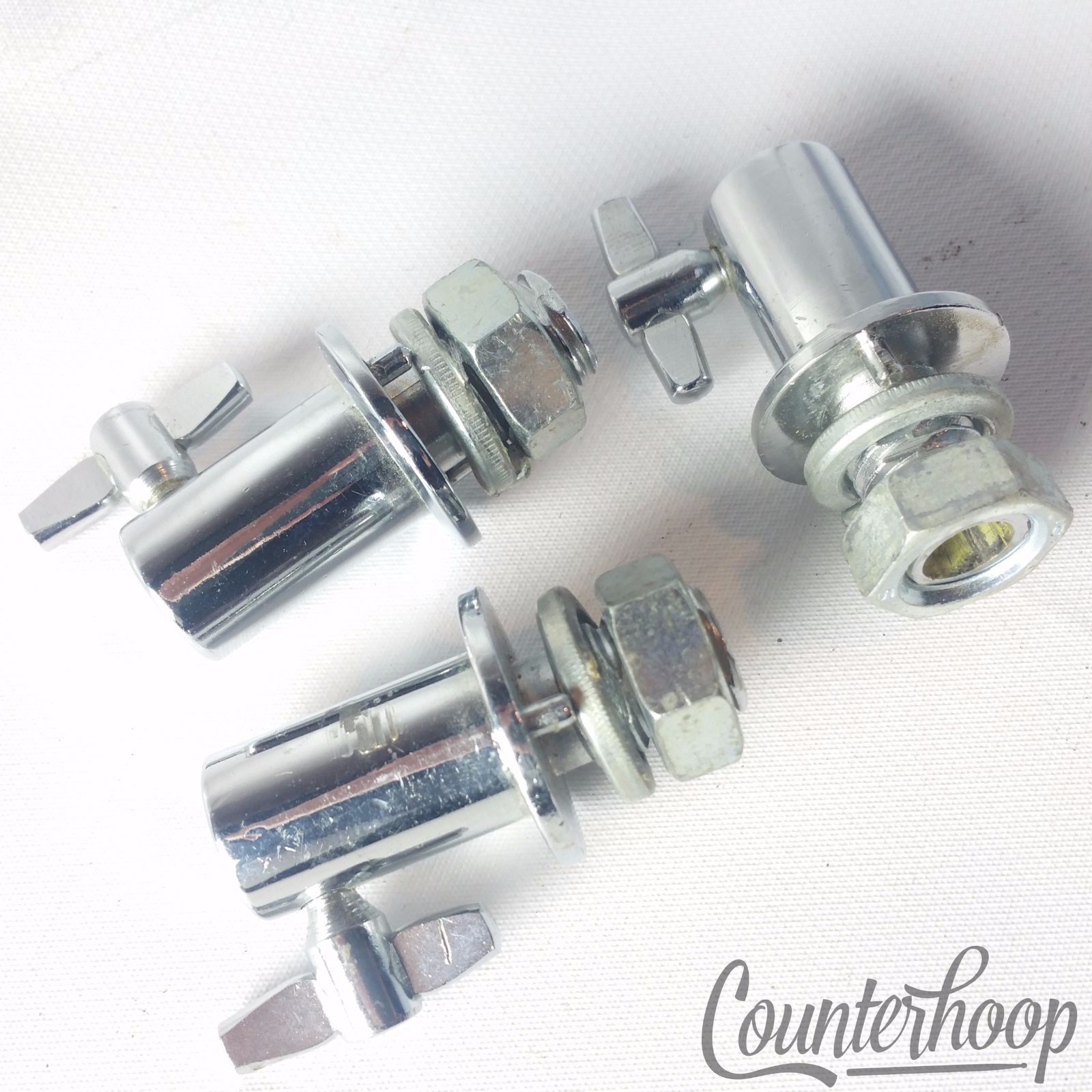 Pearl Bass Drum Disappearing Spur Mounts Leg Receivers 3x Set Lot Chrome Vintage — main photograph