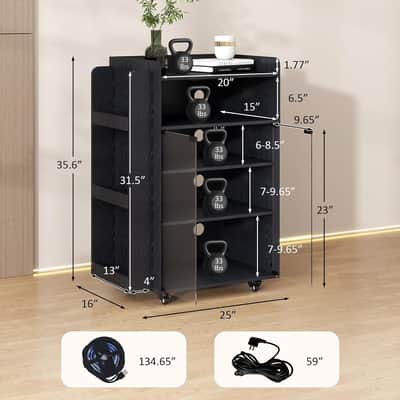 5-Tier Media Cabinet & Vinyl Record Storage Stand w/ RGB LED Lights, Glass Door, Power Outlets & Wheels – Black image 2