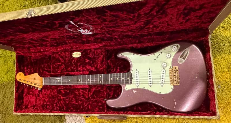 Stratocaster -1963 replica, Chunky highly figured Brazilian Rosewood slab Musikraft neck/ JM Rolph 1963 pickups/ nitro guard /mjt relic Purple Mist body/ relic gold hardware image 1