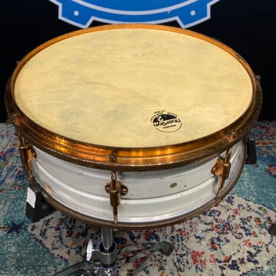 Leedy - 14x5" 8-Lug Multi-Model Snare Drum - White Lacquered Brass with Gold Hardware. 1920s image 2