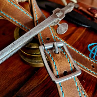 Hand Made, Hand Stitched Guitar strap "Rockatansky" in Taupe & Turquoise- Vegetable Tanned Leather image 3