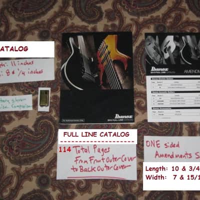 very lightly handed, near A+ genuine Ibanez 2013 Full Line Catalog (114 total pages) + a one page Amendments sheet (states "For Authorized Dealers Only") Color Pictures and B & W Text, Thin Quality Paper, Semi-Gloss Sheen, CATALOG - L: 11" x W: 8 & 1/4" image 1