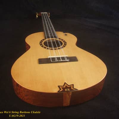 Handmade 6 String Baritone Ukulele Solid Spruce, Mahogany ArchBack, Slotted Head, Celtic Inlay, Soft-bag, Bruce Wei UAG19-2021 image 2