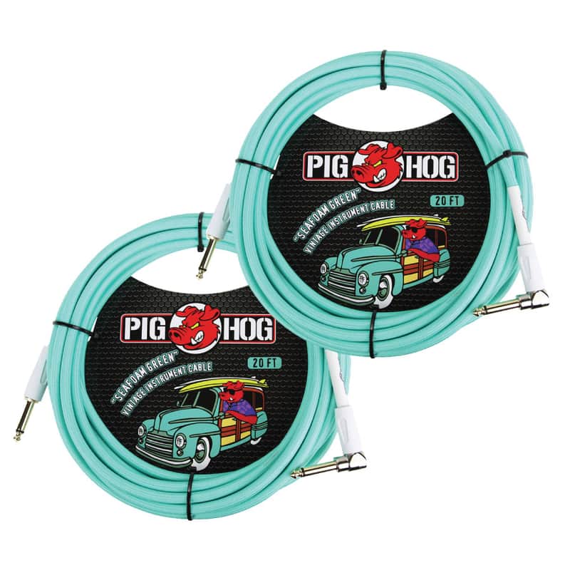 2 - Pack Pig Hog PCH20SGR Right Angle Vintage Woven Instrument Guitar Cable 20ft Seafoam Green - NEW image 1