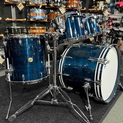 ~WOW!~ Gretsch USA Custom 4-Piece 10/12/16/22 Drum Kit Set in Azure Blue Gloss Lacquer with White Marine Pearl Bass Drum Hoops Inlays image 2