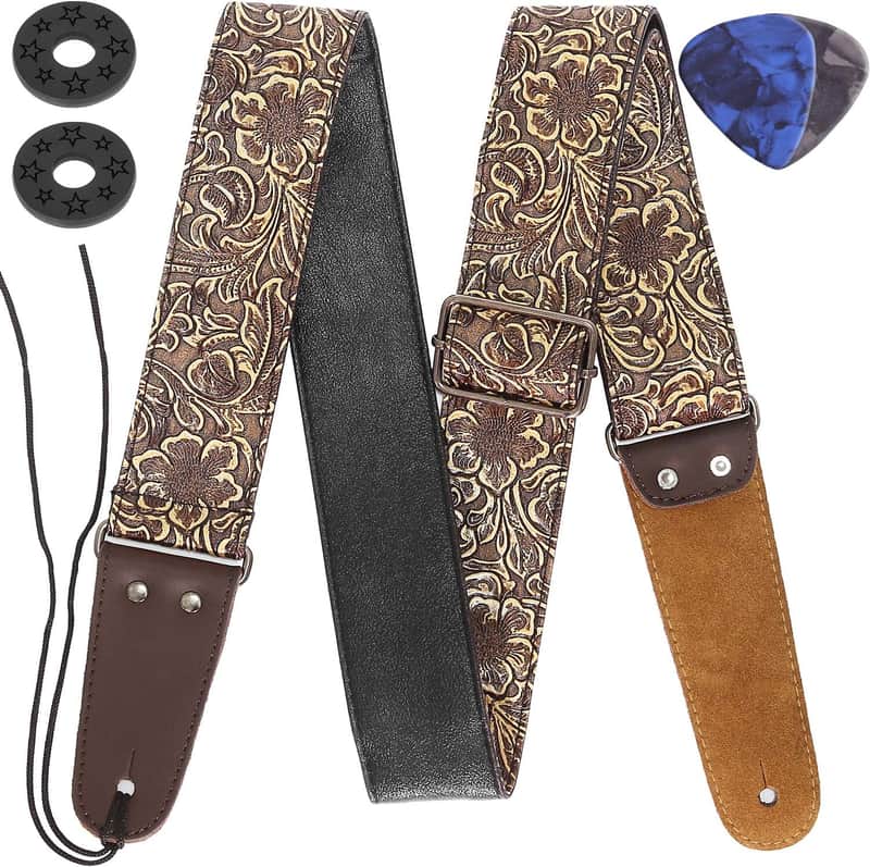 Leather Guitar Strap - PU Leather Western Vintage 60's Retro Strap with Genuine Leather Ends for Electric Bass Guitar, Tie Included, 2 Picks, Bronze image 1