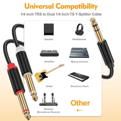 1/4 Inch Trs Stereo To Dual 1/4 Inch Ts Mono Y-Splitter Insert Cable, Nylon Braided Jacket Gold-Plated Plug Double Shielding Cable, 3.3 Feet image 3