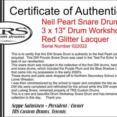 Neil Peart's DW 3.5" x 13" Red Sparkle Lacquer Snare Drum image 20