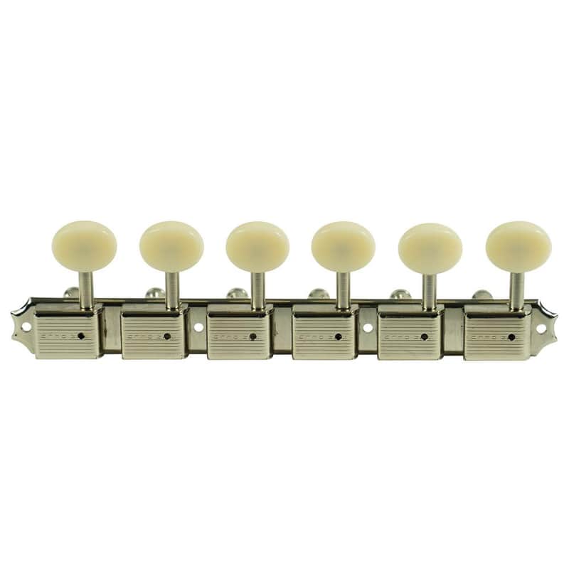Kluson 6 On A Plate Left Hand Deluxe Series Tuning Machines - Single Line - Nickel With Oval Plastic Buttons image 1