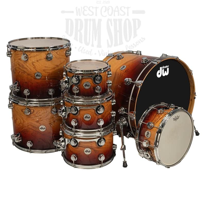Used DW Exotic 7-Piece Santa Monica Deep Rich Red over Olive Ash Burl & Butter Edges w/ Red Pearl image 1
