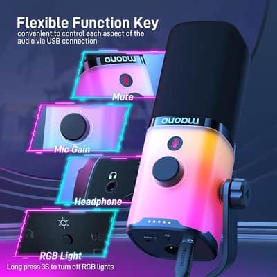 XLR/USB Gaming Microphone with Software, Dynamic PC Microphone with RGB for Streaming Podcast Vocal Recording, Computer Mic with Noise Cancellation, Mute Button, Gain Knob, Desktop Stand PD100X image 4