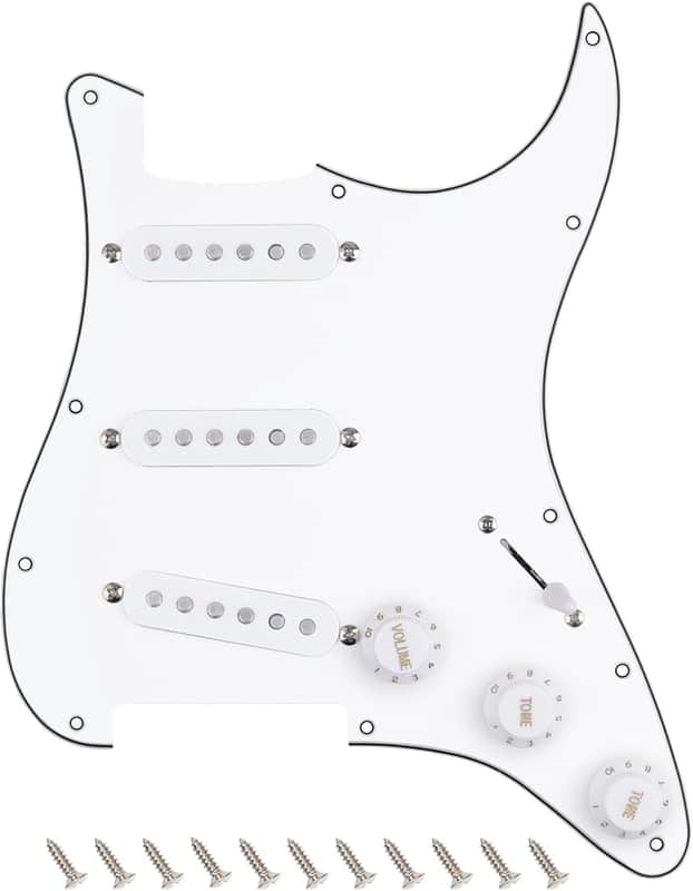 3Ply Loaded SSS Pickguard Vintage F '60s Tones Prewired Strat Pickguard with Staggered Alnico 5 SSS Single Coil Pickups for Fender Stratocaster ST Style Electric Guitars JT/HBZC-01 White image 1