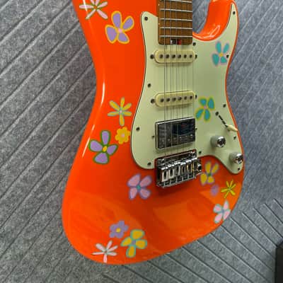 Schecter Nick Johnston "Thumper" FretWerx In-USA Setup and Fret Polish 2020's HSS - Orange w/ Custom Vinyl Flowers image 5
