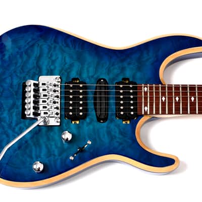 Bootlegger Guitar Royal HHH, Floyd Rose Double Locking Tremolo Blue Clear Quilted Maple finish, Stiletto Hard Case image 16