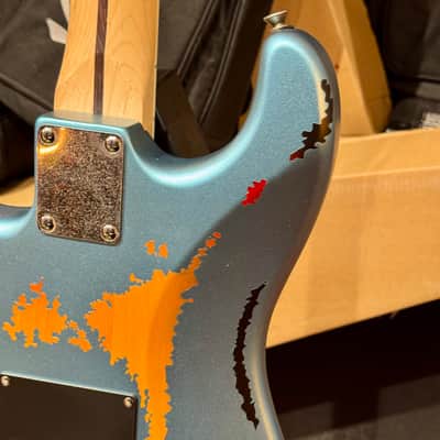 Vintage Guitars 30th Anniversary V6 Strat Overspray Relic  Super Flame Neck Lake Placid Gun Hill Blue image 11