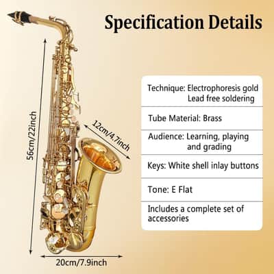 Eb Alto Saxophone For Beginners Adult,Saxophone Student,E Flat Alto Sax Full Kit With Reeds,Pads Cushions,Hard Carrying Case,Cleaning Cloth & Rod,Mouthpiece,Gloves,Neck Strap Gold image 2