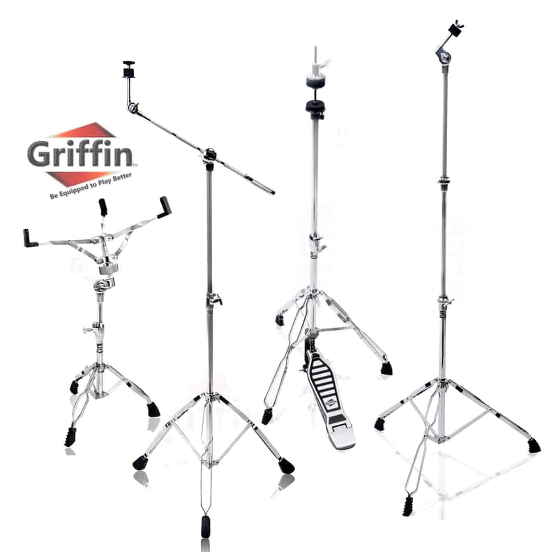 Cymbal Stand Pack Hardware Set by Griffin - 4 Piece Kit Full Size Percussion Drum Hardware with Snare Mount, Hi-Hat Pedal, Cymbal Boom, & Straight Cymbal Stand - Lightweight and Portable image 1