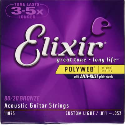 Elixir 11025 Polyweb Custom Light Coated 80/20 Bronze Acoustic Guitar Strings, 11-52 image 1