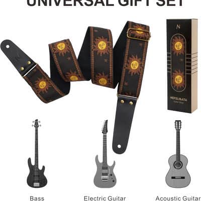 Guitar Strap, Sun Embroidered Cotton Guitar Strap with Head Cowhide Leather Ends for Bass, Electric and Acoustic Guitars, Free Strap Button, 1 Pair of Strap Locks and 4 Guitar Picks image 4