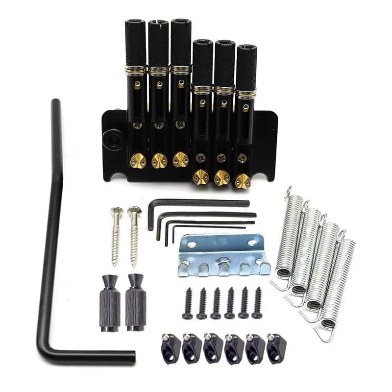 Black 6 String Headless Guitar Bridge Set, Fanned Fret Tremolo image 1