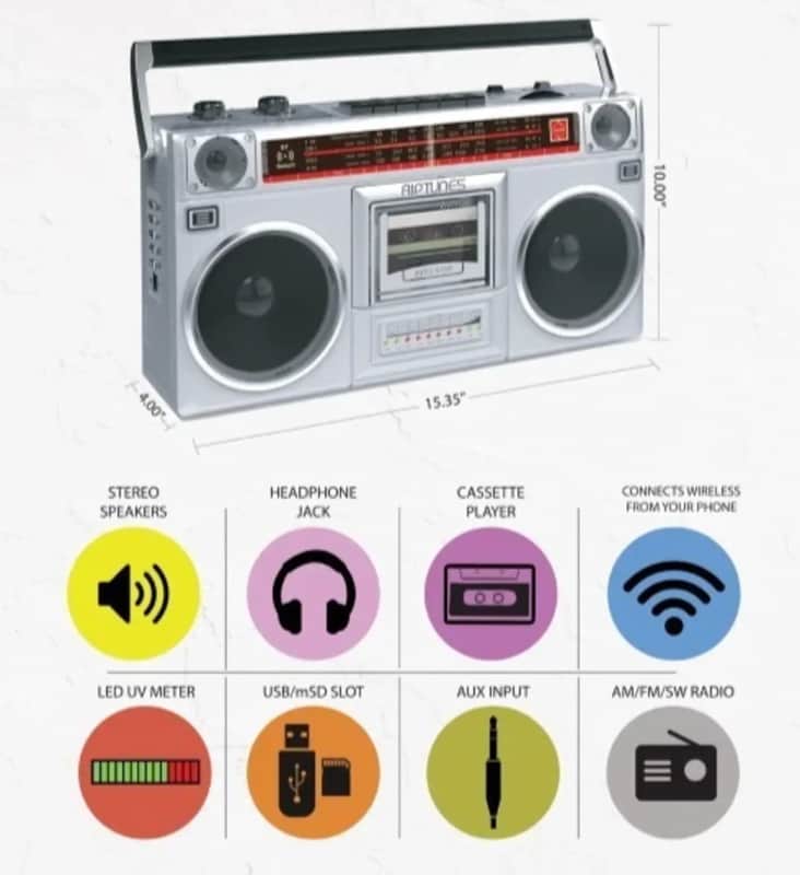 Retro Radio Cassette Stereo Boombox with Bluetooth | AM/FM SW1/SW2, USB & microSD Recorder image 1