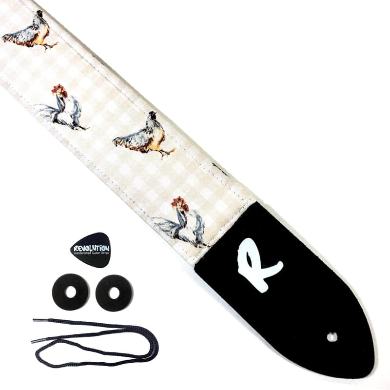 Chicken Guitar Strap - Hen Rooster on Plaid Guitar Strap- Handmade Guitar Strap - Country Guitar Strap - Double Padded Comfortable image 1