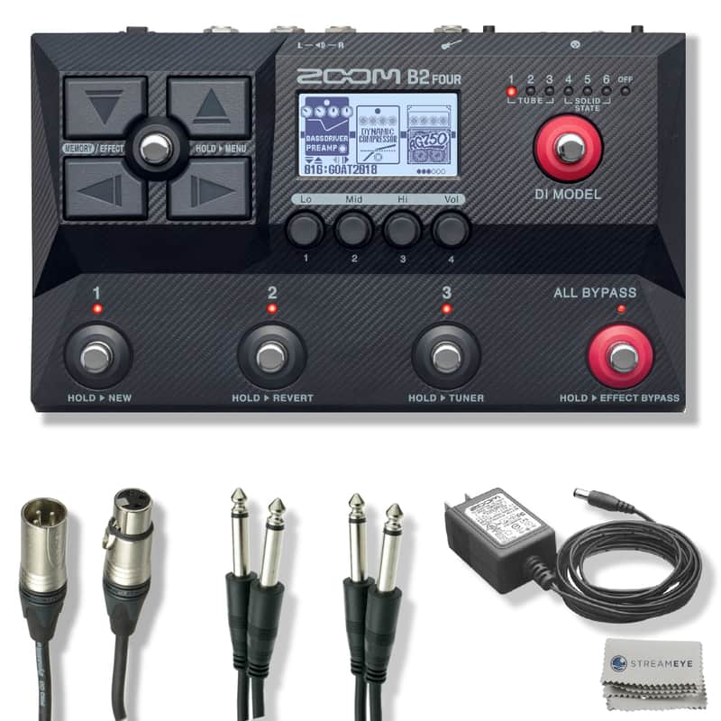 Zoom B2 Four Bass Multi-effects Processor with 104 Effects, Zoom AD-16 Power Supply, 20' XLR Cable, 2x 25' Instrument Cables and StreamEye Polishing Cloth image 1