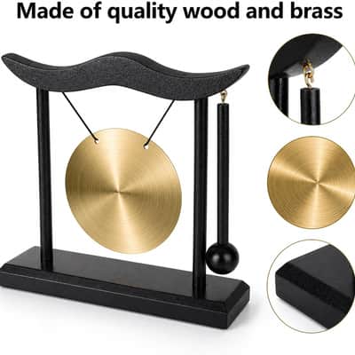 Mini Gong with Wood Stand and Mallet, Feng Shui Desktop Decor, 6.4 in | Brass Gong with Bright, High Pitched Ring, Decorative Sound Cue for Offices, Meditation Spaces, and Gatherings image 3