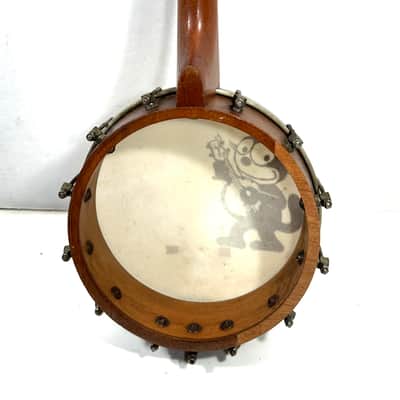 Old Stella painted banjolele banjo uke with art on the head Felix the banjo Cat 1940s - Wood image 7