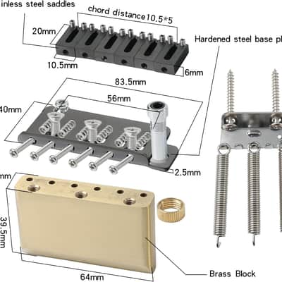 10.5mm Electric Guitar Bridge with Stainless Steel Saddles Plate Brass Block 2 Point Tremolo Bridge Compatible with Stratocaster Strat 6 String Electric Guitar Replacement Parts Black(Matte) image 4