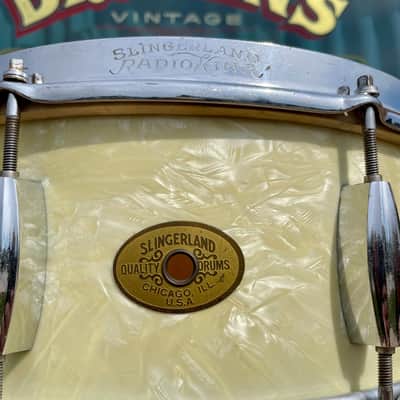 1950s Slingerland No. 143 Krupa Model Radio King Snare Drum White Marine Pearl 5.5x14 image 14
