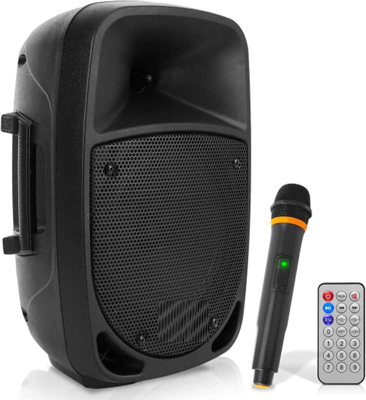 800W Portable Bluetooth PA Speaker - 8’’ Subwoofer, LED Battery Indicator Lights w/ Built-in Rechargeable Battery, MP3/USB/SD Card Reader, and UHF Wireless Microphone - image 1