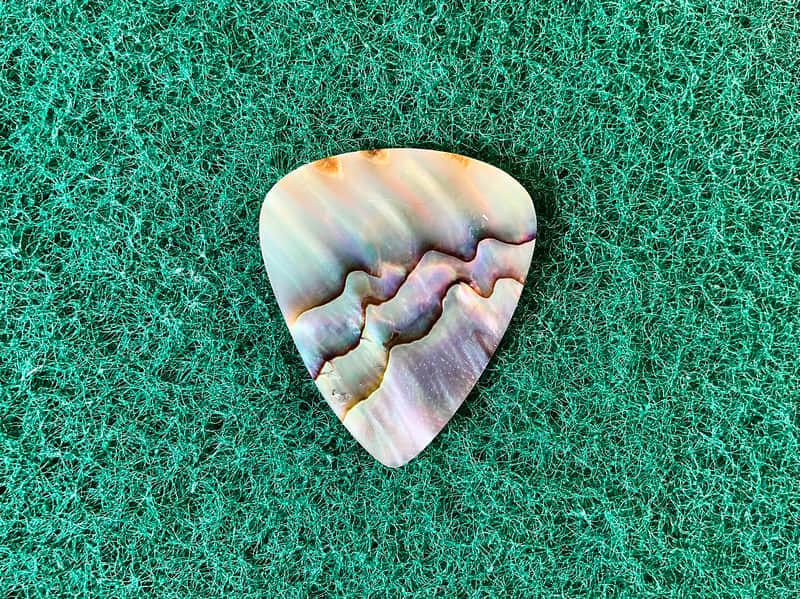 Oval, iridescent shell specimen on green felt background.