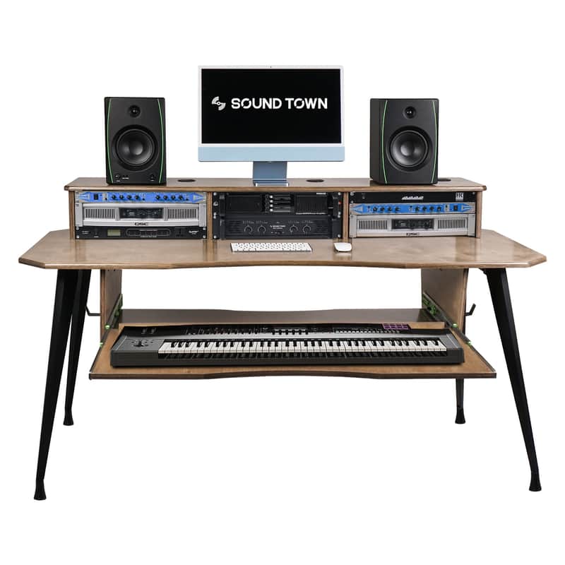 SDRK-SDF2B | DIY Music Recording Studio Desk Workstation w/ 3x4U Rack/Top Shelf, Sliding Keyboard Tray, Plywood, Weathered Brown image 1