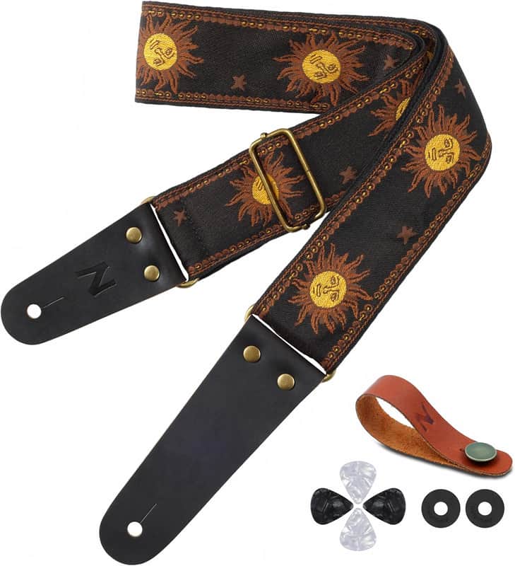 Guitar Strap, Sun Embroidered Cotton Guitar Strap with Head Cowhide Leather Ends for Bass, Electric and Acoustic Guitars, Free Strap Button, 1 Pair of Strap Locks and 4 Guitar Picks image 1