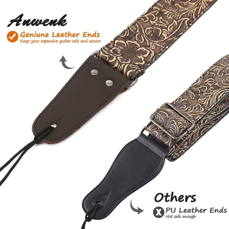 Guitar Strap, Stamped Leather Guitar Strap PU Leather Western Vintage 60's Retro Guitar Strap with Genuine Leather Ends for Electric Bass Guitar, with Tie,Include 2 Picks,Bronze image 1