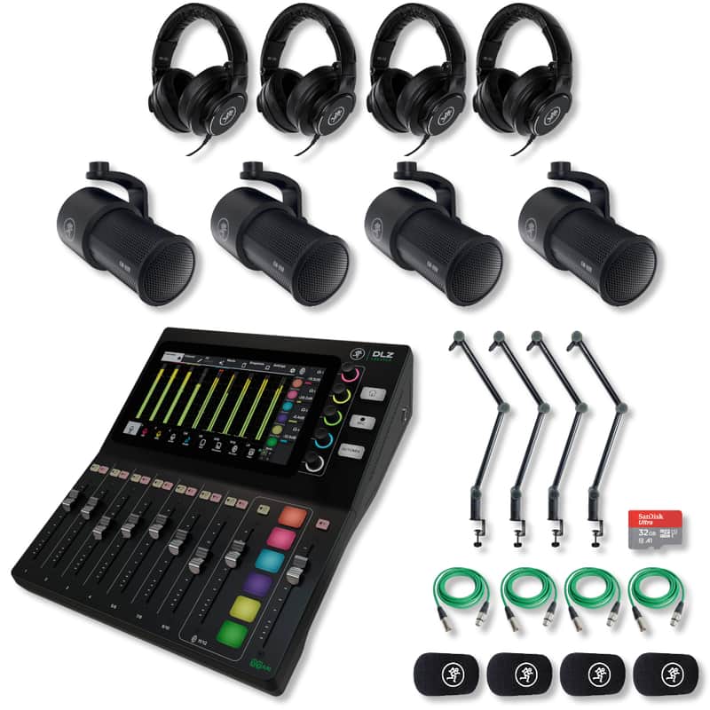 Mackie DLZ Creator Digital Mixer with 4x EM-99B Dynamic Microphones, MC-150 Professional Closed-Back Headphones, DB-200 Microphone Boom Arms, 1x microSD Card and StreamEye Cloth image 1