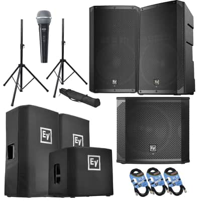 (2) Electro-Voice ELX200-15P, (1)EV ELX200-12SP, (2) ELX200-15P Covers, (1)ELX200-12SP Cover, (2) Speaker Stands, SV100 Mic Bundle image 1