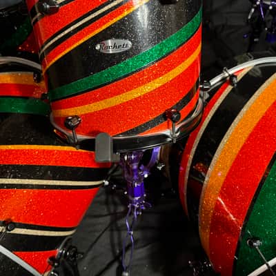 Rikki Rockett's Poison, Rockett Drum Works 2011 Tour Set. Maple/Carbon Fiber 18x22 (x2) 14.5x16, 12.5x14, 9.5x12. MultiColor Stripe Wrap image 23
