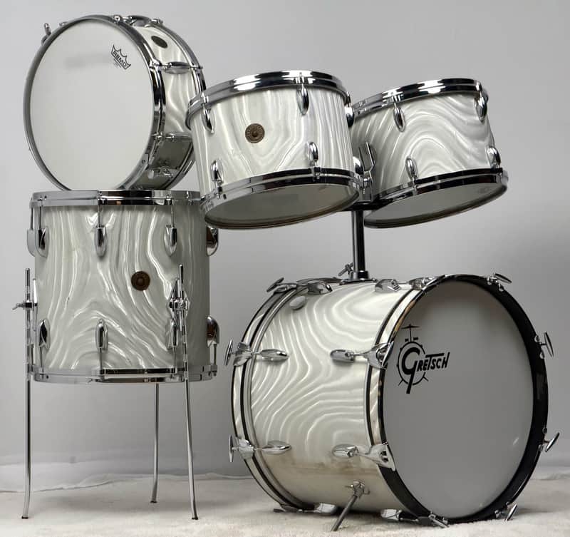 Gretsch 18/12/12/14/5.5x14" 60's Round Badge Bop Drum Set - White Satin Flame image 1