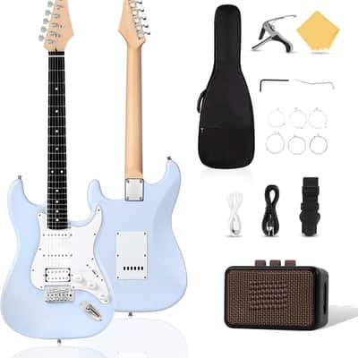 39 Inch Electric Guitar with HSS Pickups & Single-Coil Tremolo System - with 5W Amp, Techwood Fingerboard, C-Shaped Satin Neck, All Accessories Included Gig Bag, Tuner, String, Capo, Strap image 1