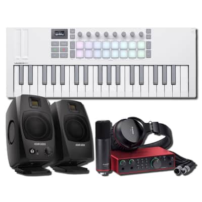 Novation Launchkey Mini 37 MK4 White Mini MIDI Keyboard Controller Recording Bundle with ADAM Audio D3V Black Desktop Monitors and Focusrite Scarlett 2i2 Studio with CM25 MkIII Microphone and SH-450 Headphones