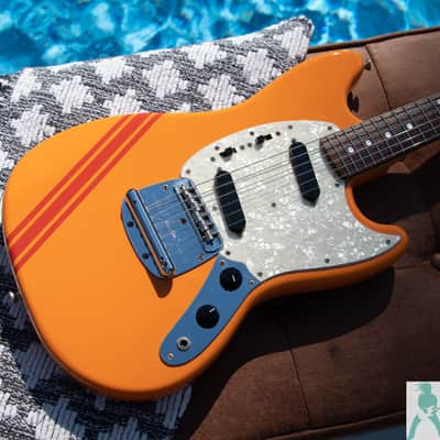 Fender MG-73 - 70's Mustang with Racing Stripe Reissue - Capri Orange with Matching Headstock & Racing Stripes - Pro Set Up w Perfect Frets/Action/Intonation! image 11